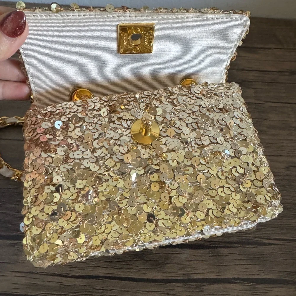 Vintage Chanel Micro Half Flap bag in gold sequin, ribbed satin, gold hardware
